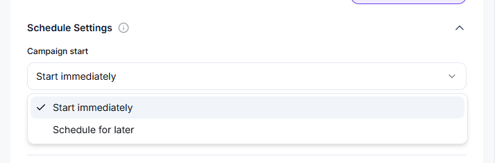 Schedule Settings with Start immediately / Schedule for later