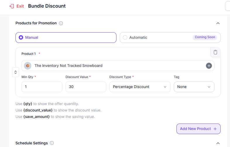 Products for Promotion section with Manual mode and discount settings