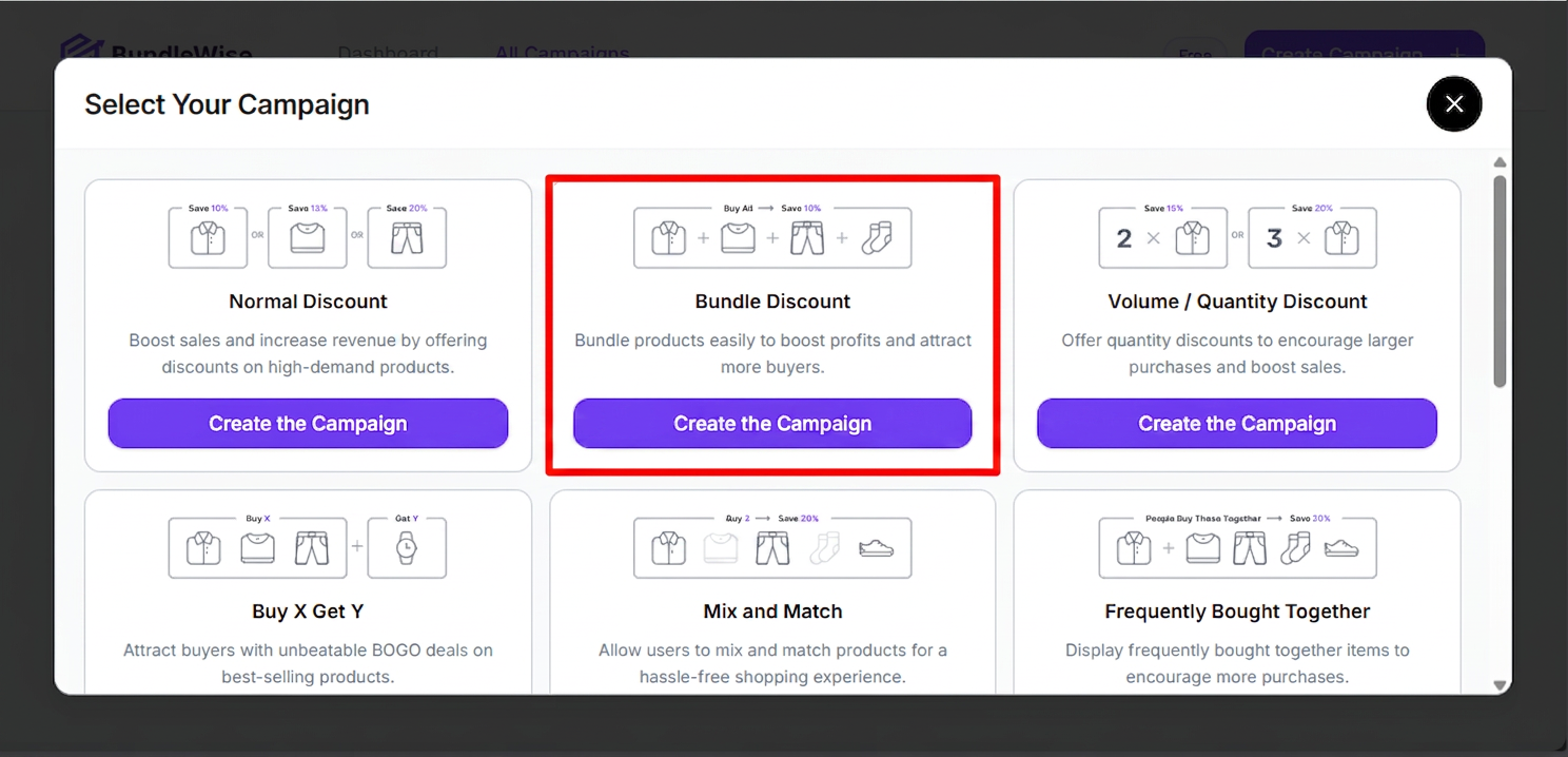 Select Your Campaign popup with Bundle Discount highlighted