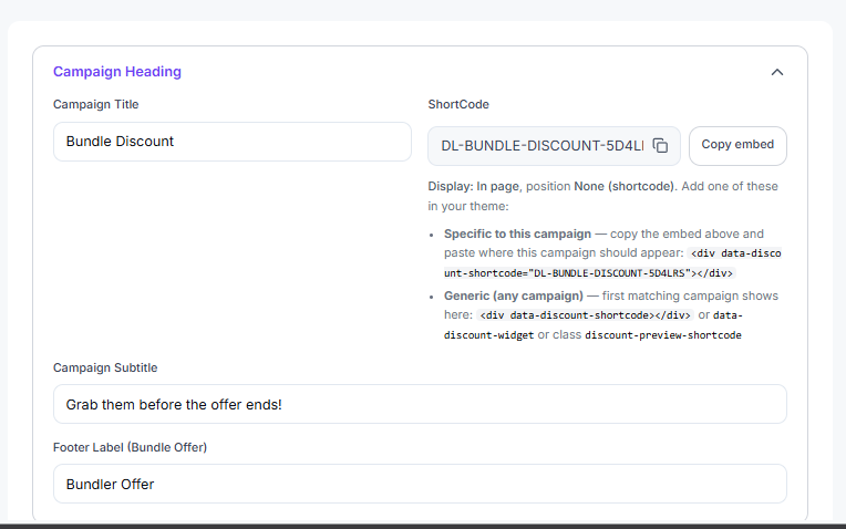 Campaign heading with shortcode and embed options