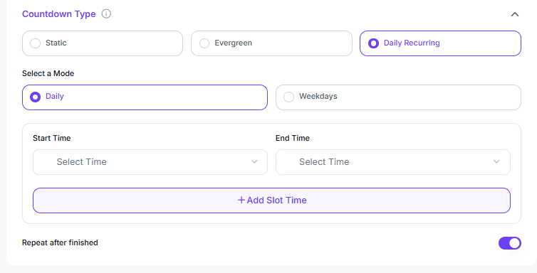 Daily Recurring Countdown Timer settings