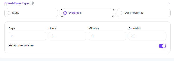 Evergreen Countdown Timer settings