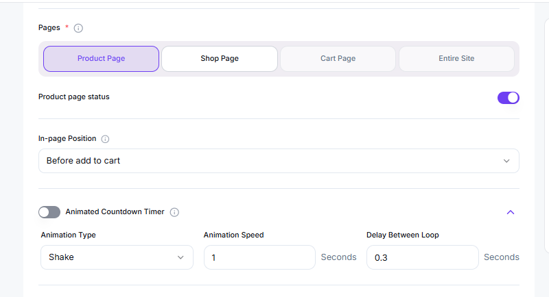 Initial page setup for the Countdown Timer with Pages, page status, In-page Position and Animated Countdown Timer options