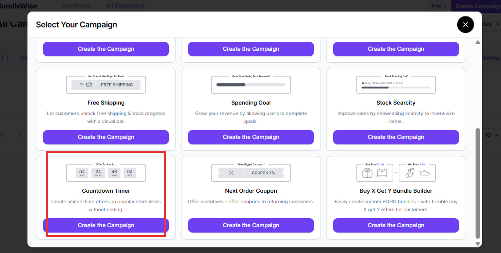 Select Your Campaign popup with Countdown Timer highlighted