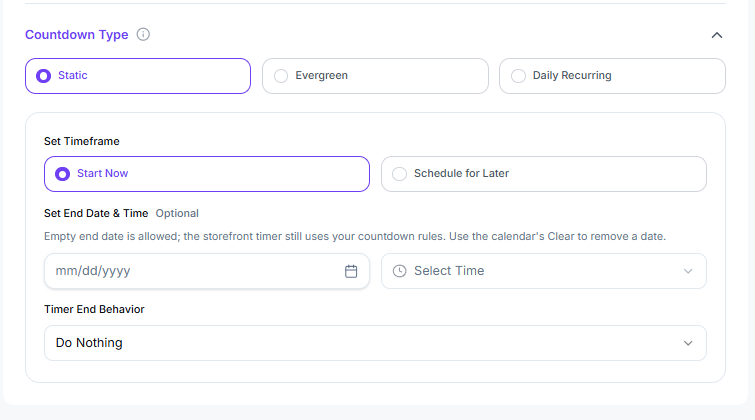 Static Countdown Timer settings