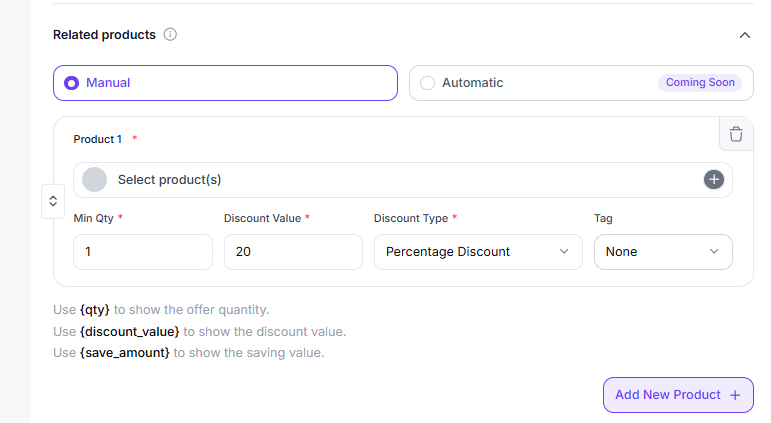 Related products with Manual/Automatic and discount type options