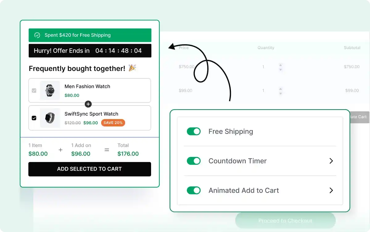 FOMO toggles for free shipping, countdown timer, and animated add to cart