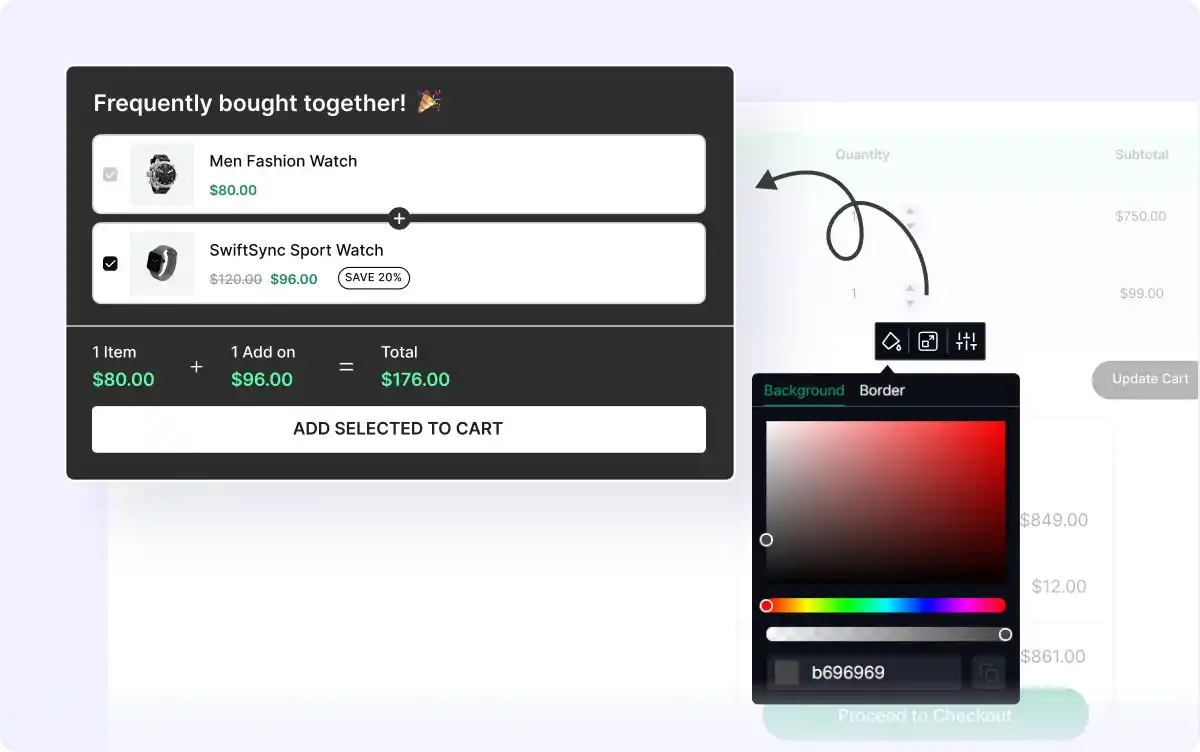 Color picker customizing the design of a frequently bought together widget