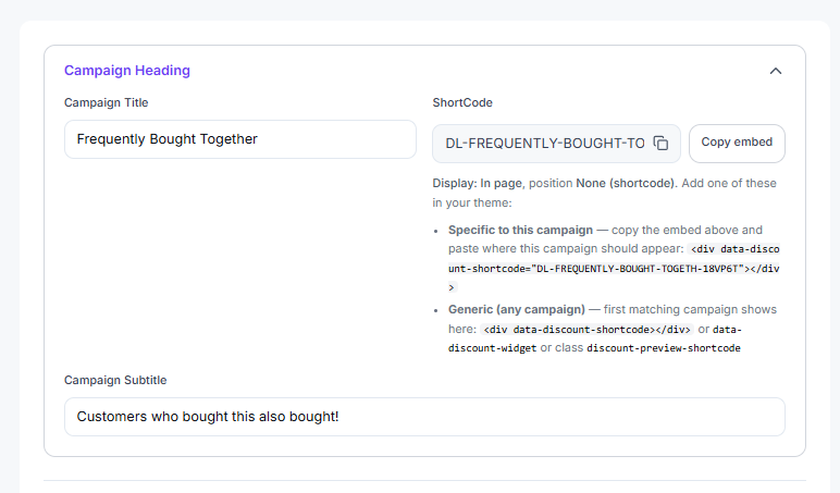Frequently Bought Together campaign heading with short code