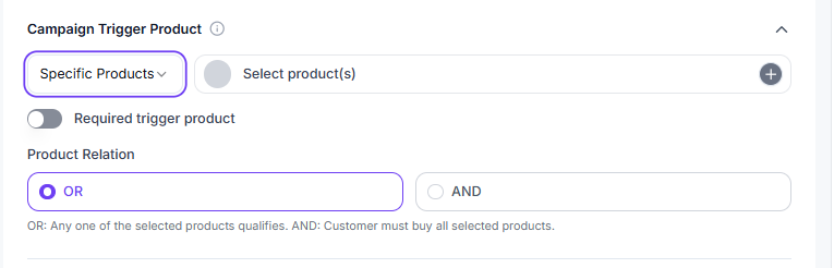 Campaign Trigger Product with Specific Products and Product Relation OR/AND
