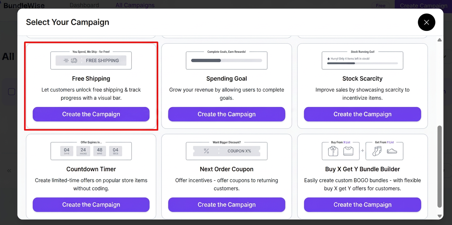 Select Your Campaign popup with Free Shipping highlighted