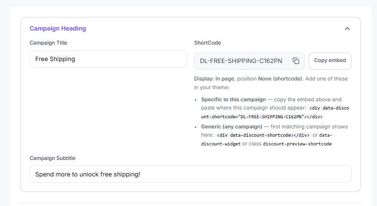 Campaign Heading with Campaign Title, ShortCode and embed options