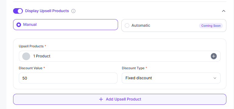Display Upsell Products section with Manual selection, Upsell Products, Discount Value and Discount Type