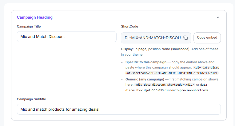 Mix and Match campaign heading with short code