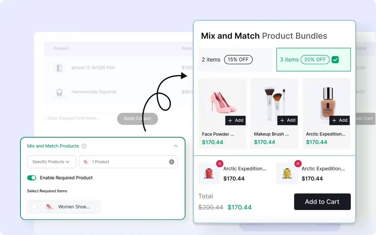 Pre-selected items in mix and match bundle
