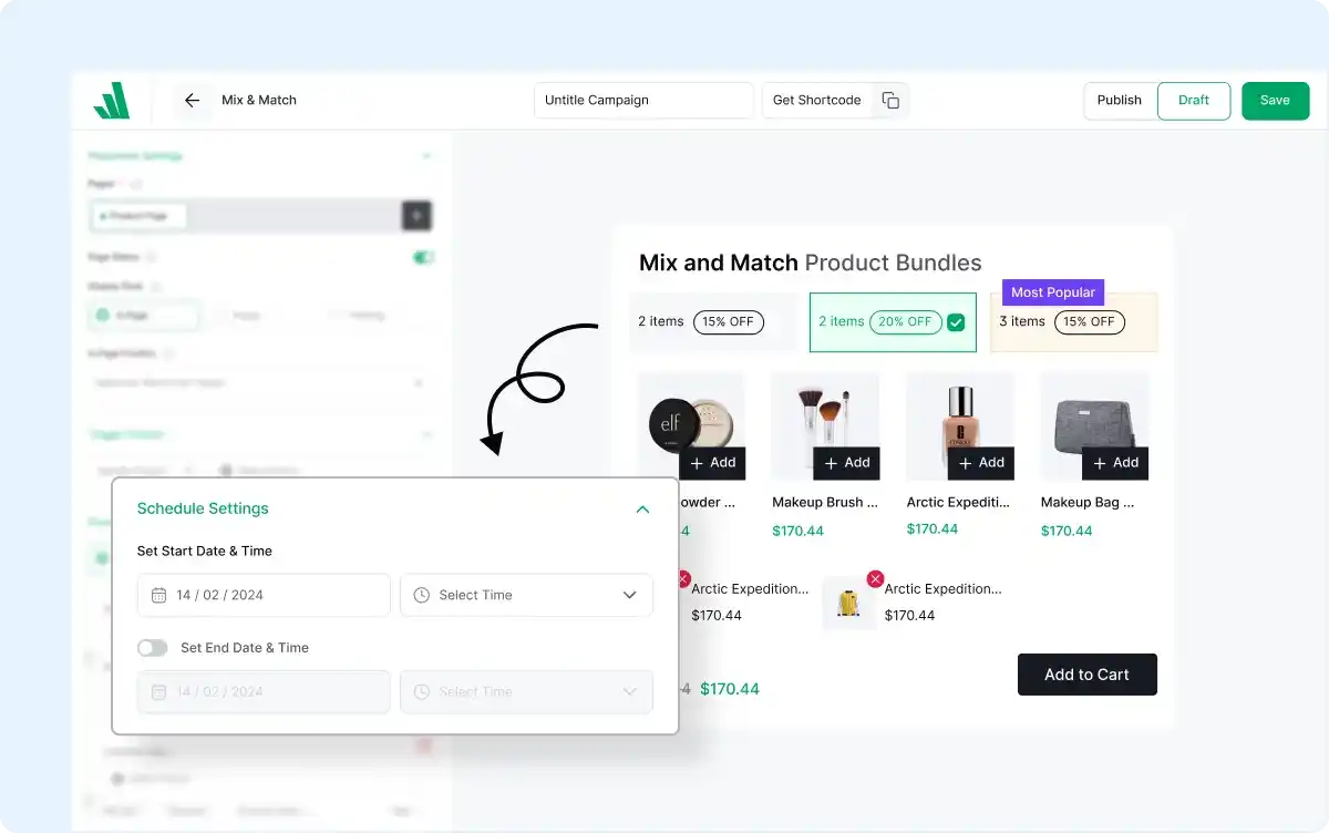 Schedule settings for mix and match bundle campaign