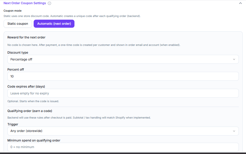 Automatic next order coupon settings