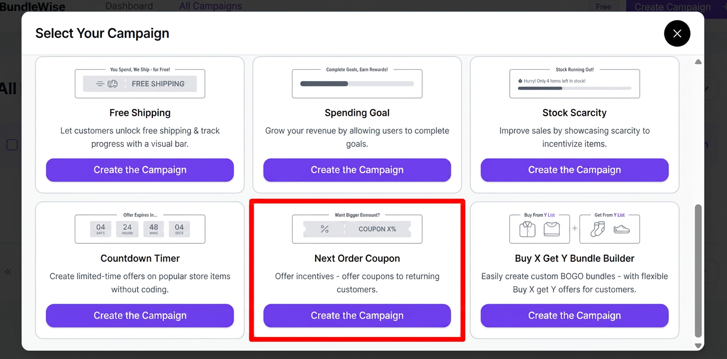 Select Next Order Coupon campaign
