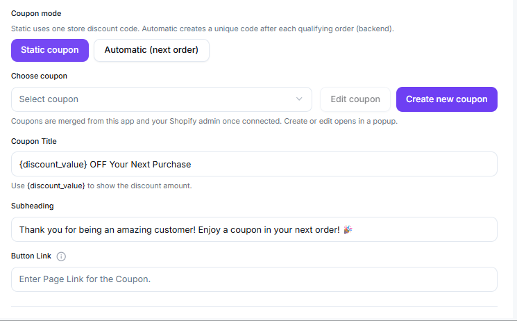 Static coupon mode settings
