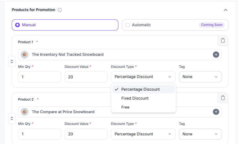 Discount type dropdown showing Percentage, Fixed and Free options