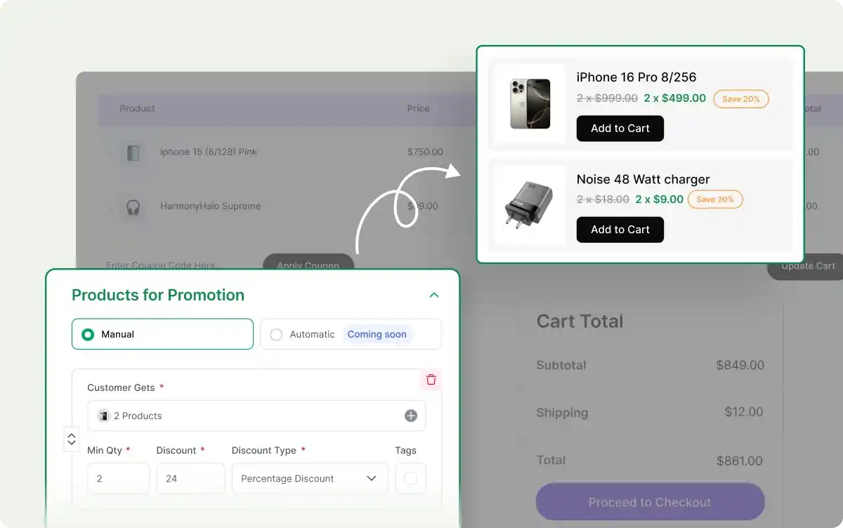 Promotion criteria configuration with discount type and quantity