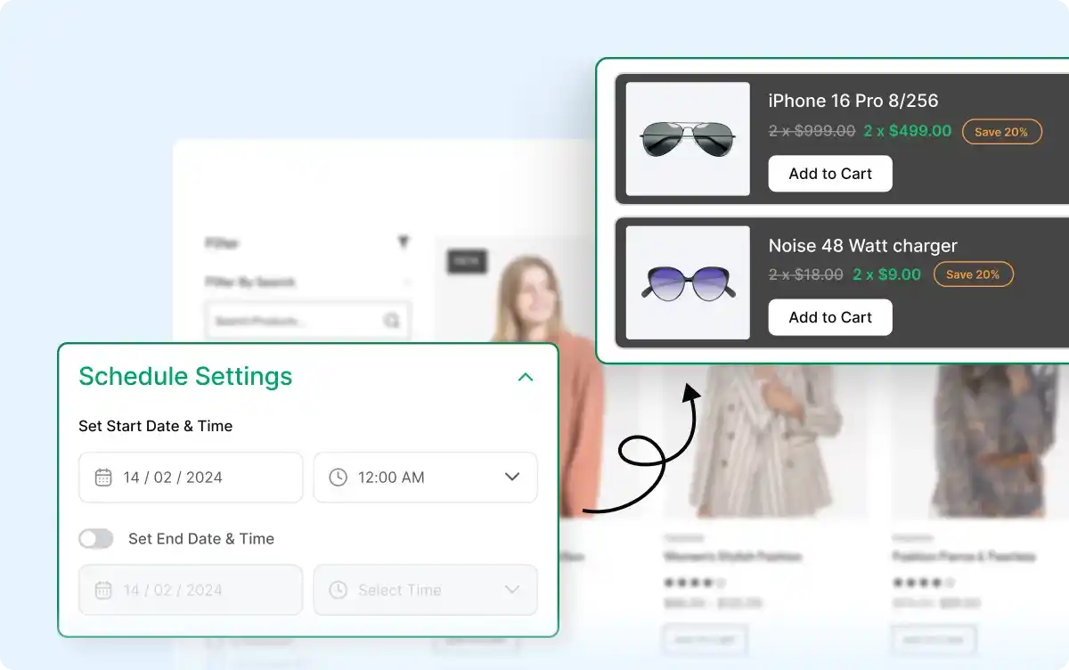 Schedule settings with start and end date pickers