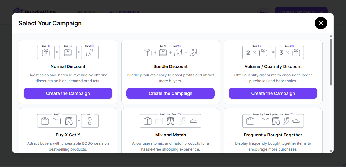 Select Your Campaign popup with campaign type options