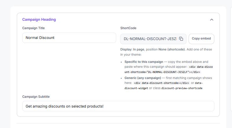 Campaign heading with shortcode and embed options