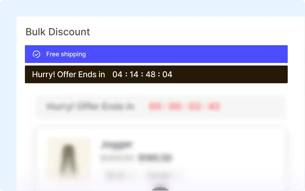 Free shipping bar and countdown timer above a bulk discount offer