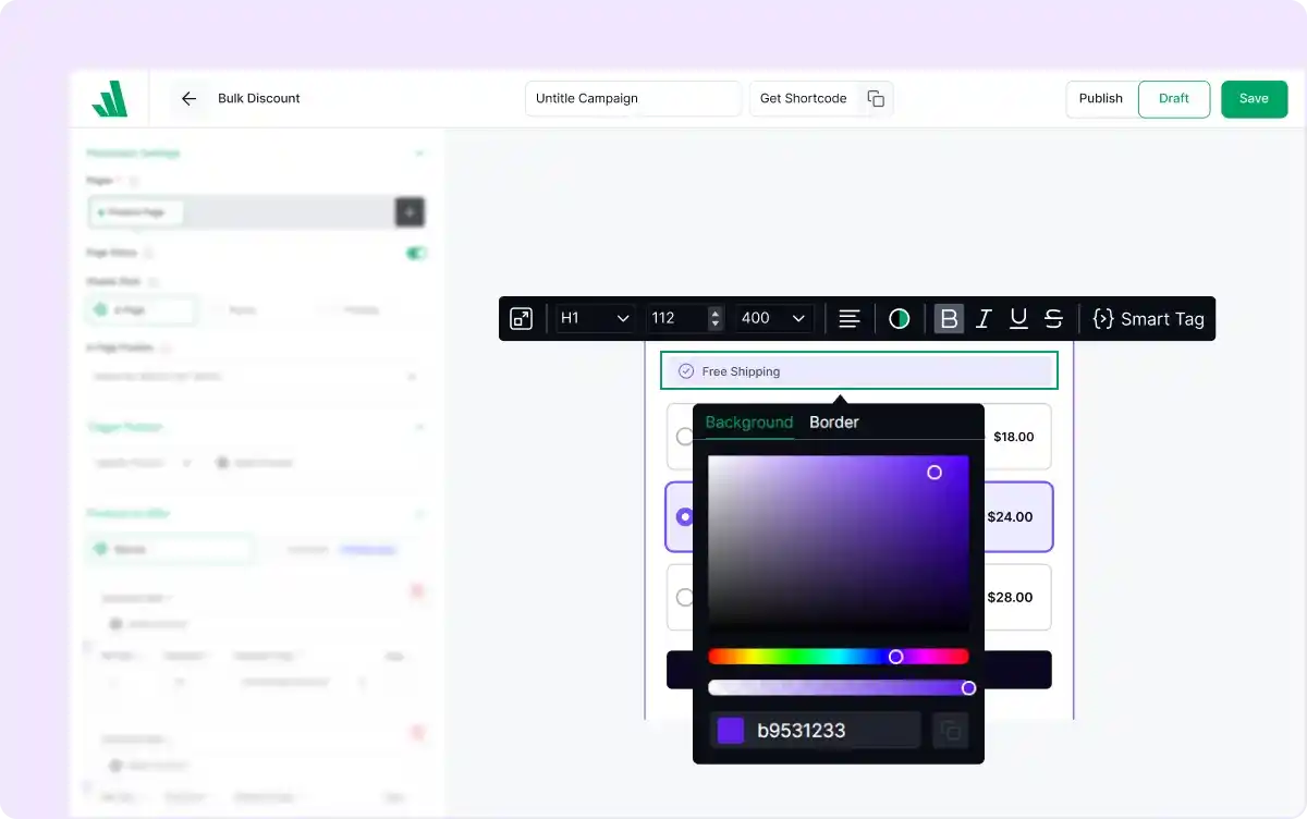 Color picker customizing the appearance of a bulk discount campaign