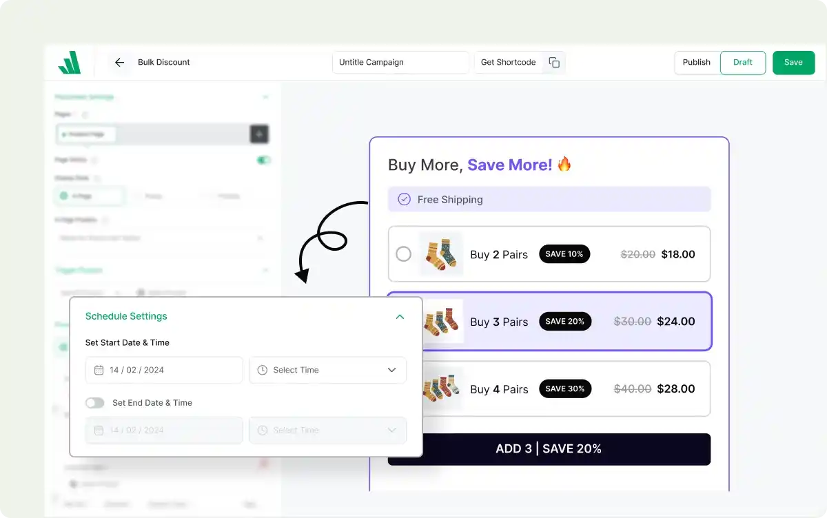 Schedule settings with start and end date pickers for bulk discount campaign
