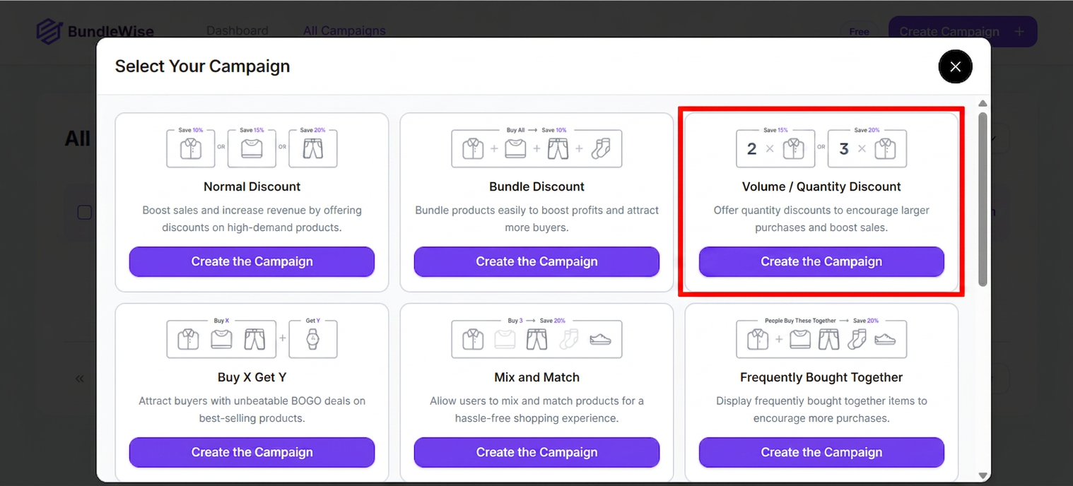 Select Your Campaign popup with Volume / Quantity Discount highlighted