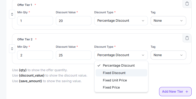 Quantity-Based Discount tiers with Min Qty, Discount Value and Discount Type options
