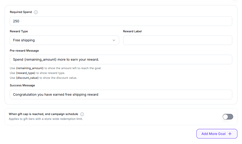 Spending Goal bar setup with Required Spend, Reward Type and messages