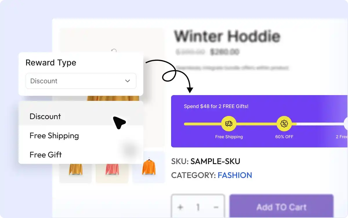 Reward type selector with discount, free shipping, and free gift