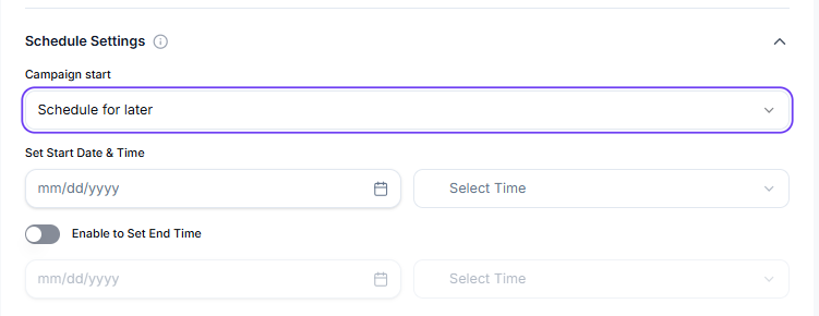 Schedule Settings with campaign start, start date/time and end time toggle