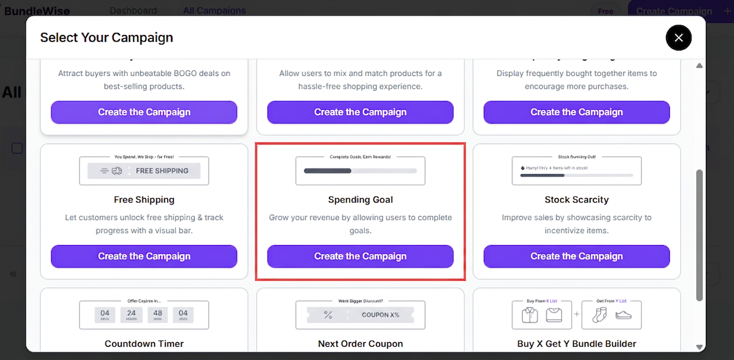 Select Your Campaign modal with Spending Goal highlighted