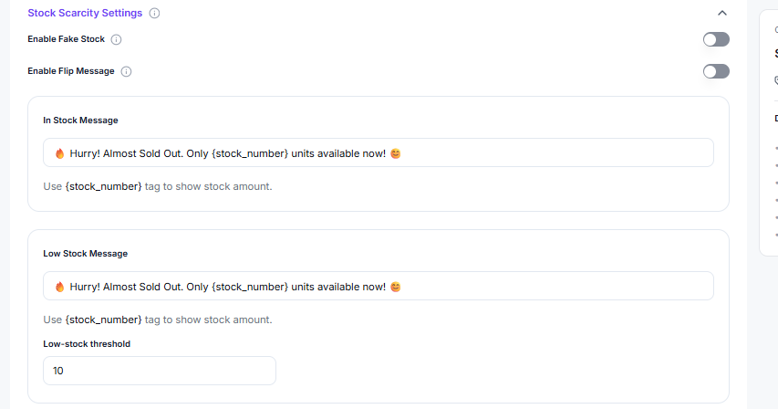 Stock Scarcity Settings panel with Fake Stock, Flip Message, In Stock Message and Low Stock Message options