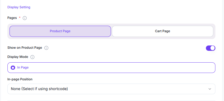 Display Setting with Pages, Show on Product Page, Display Mode and In-page Position