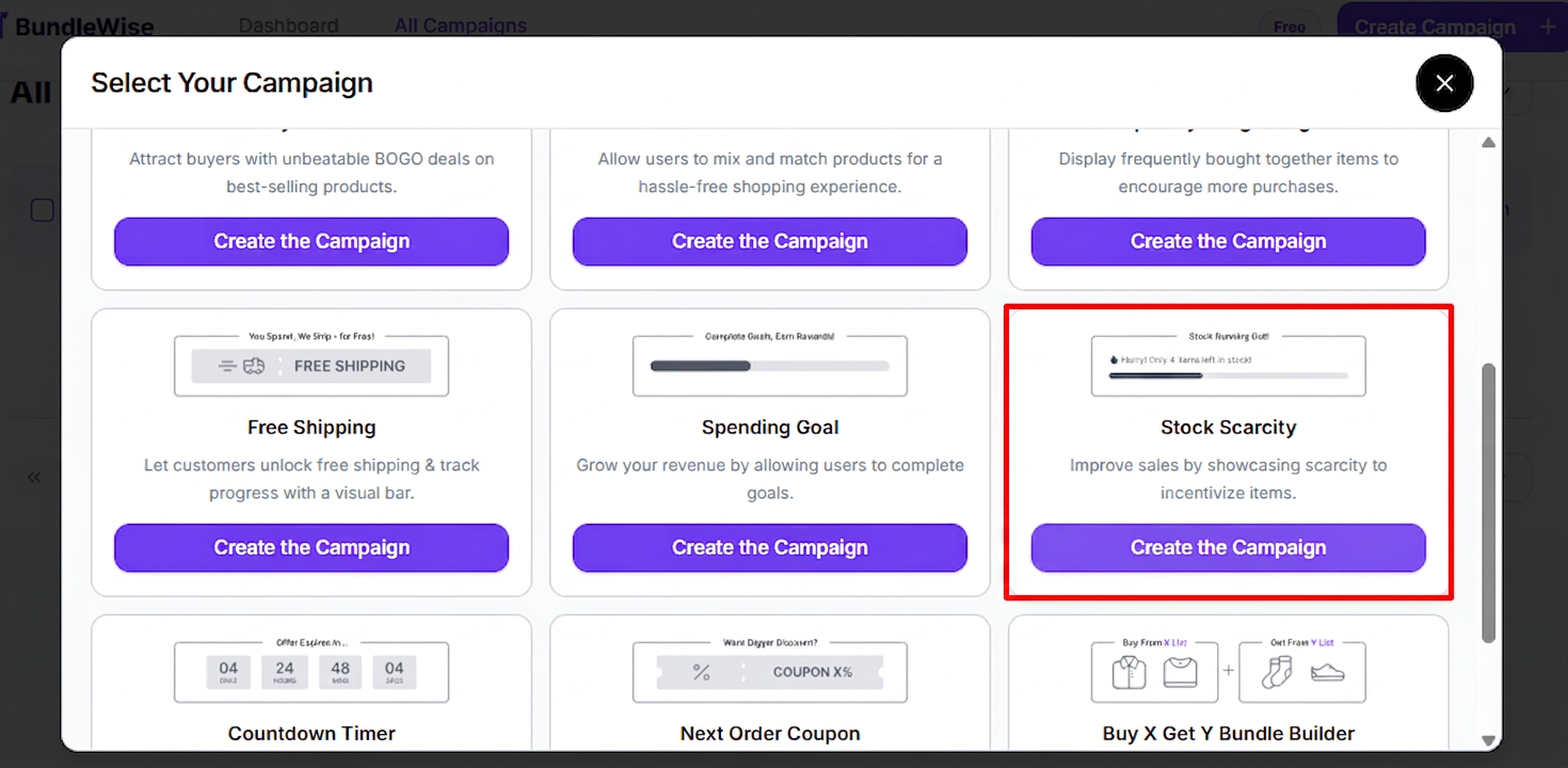 Select Your Campaign popup with Stock Scarcity highlighted